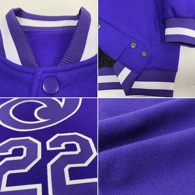 Custom Purple Purple-White Bomber Full-Snap Varsity Letterman Jacket