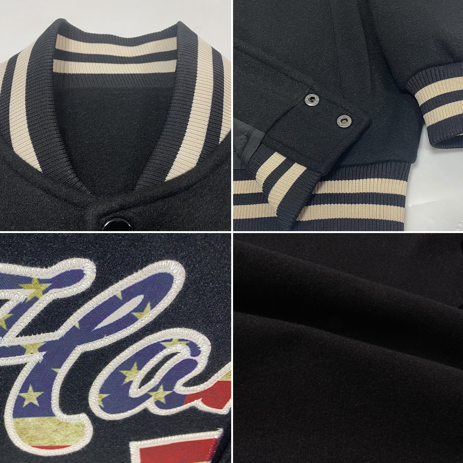 Custom Black Vintage USA Flag-Cream Bomber Full-Snap Varsity Letterman Jacket