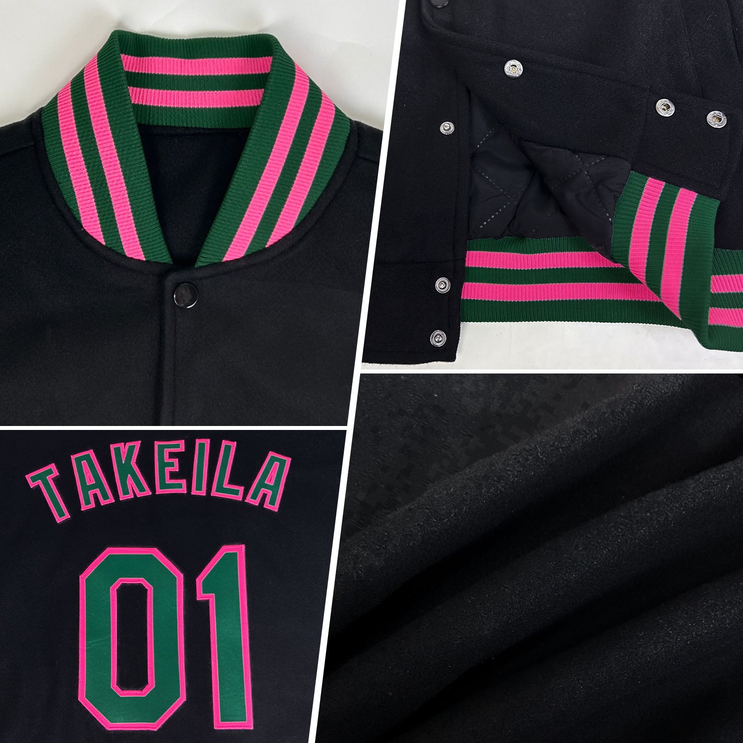 Custom Black Pink-Aqua Bomber Full-Snap Varsity Letterman Jacket