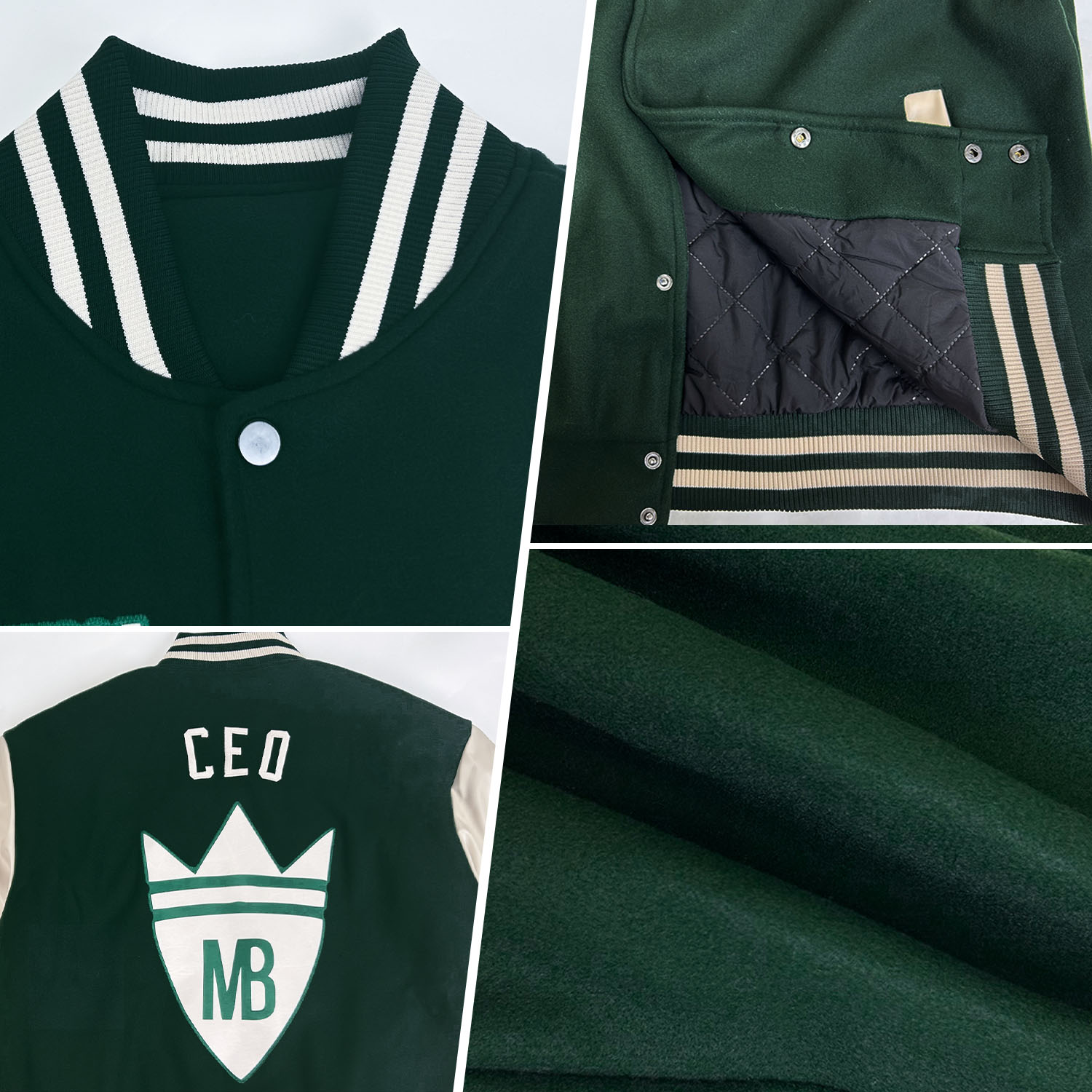 Custom Green Cream Bomber Full-Snap Varsity Letterman Two Tone Jacket