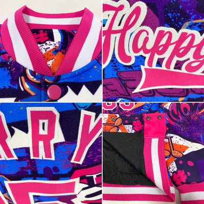 Custom Graffiti Pattern Pink-White Words 3D Bomber Full-Snap Varsity Letterman Jacket