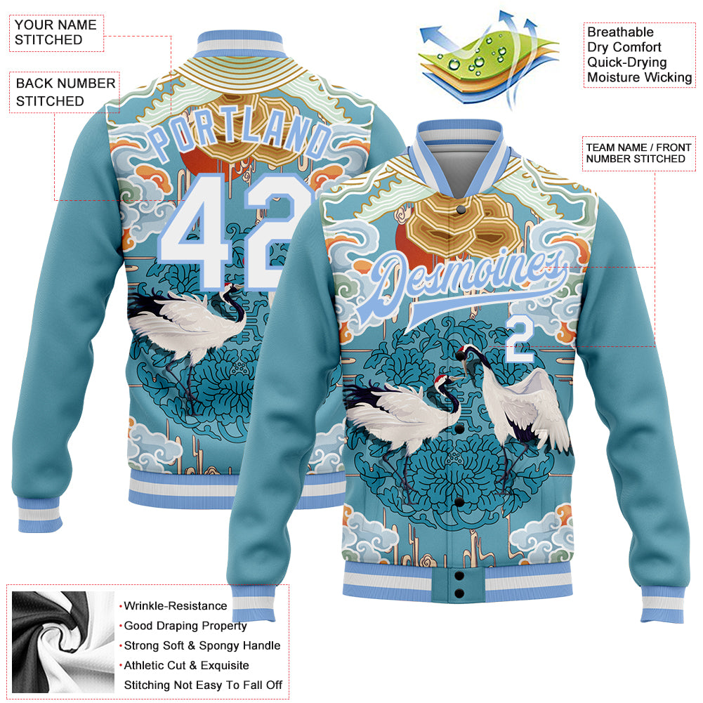 Custom Light Blue White Heron And Cloud 3D Pattern Design Bomber Full-Snap Varsity Letterman Jacket
