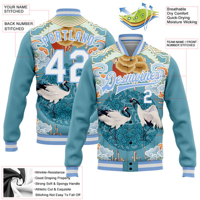 Custom Light Blue White Heron And Cloud 3D Pattern Design Bomber Full-Snap Varsity Letterman Jacket