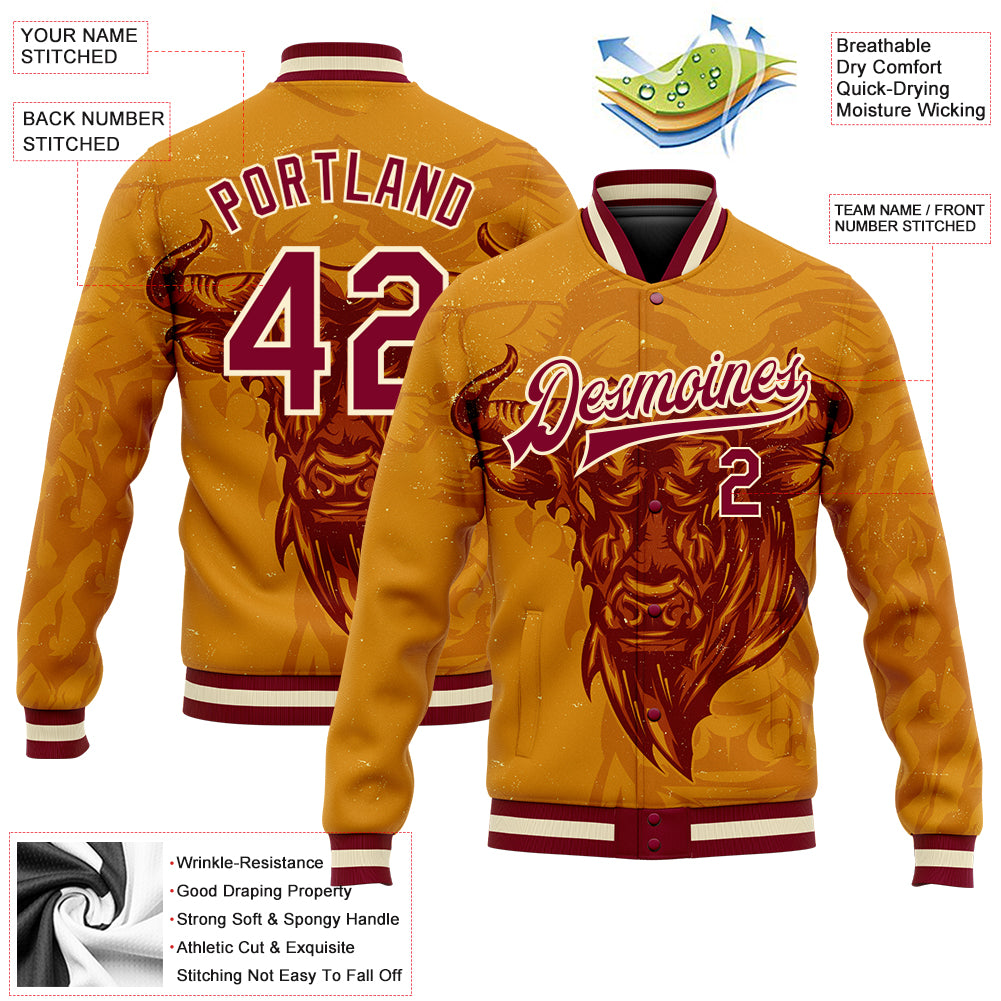 Custom Gold Maroon-Cream Angry Bull 3D Pattern Design Bomber Full-Snap Varsity Letterman Jacket