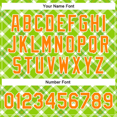 Custom Neon Green Bay Orange-White Check Board 3D Pattern Design Bomber Full-Snap Varsity Letterman Jacket