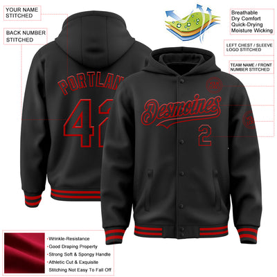 Custom Black Red Bomber Full-Snap Varsity Letterman Hoodie Jacket