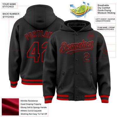 Custom Black Red Bomber Full-Snap Varsity Letterman Hoodie Jacket