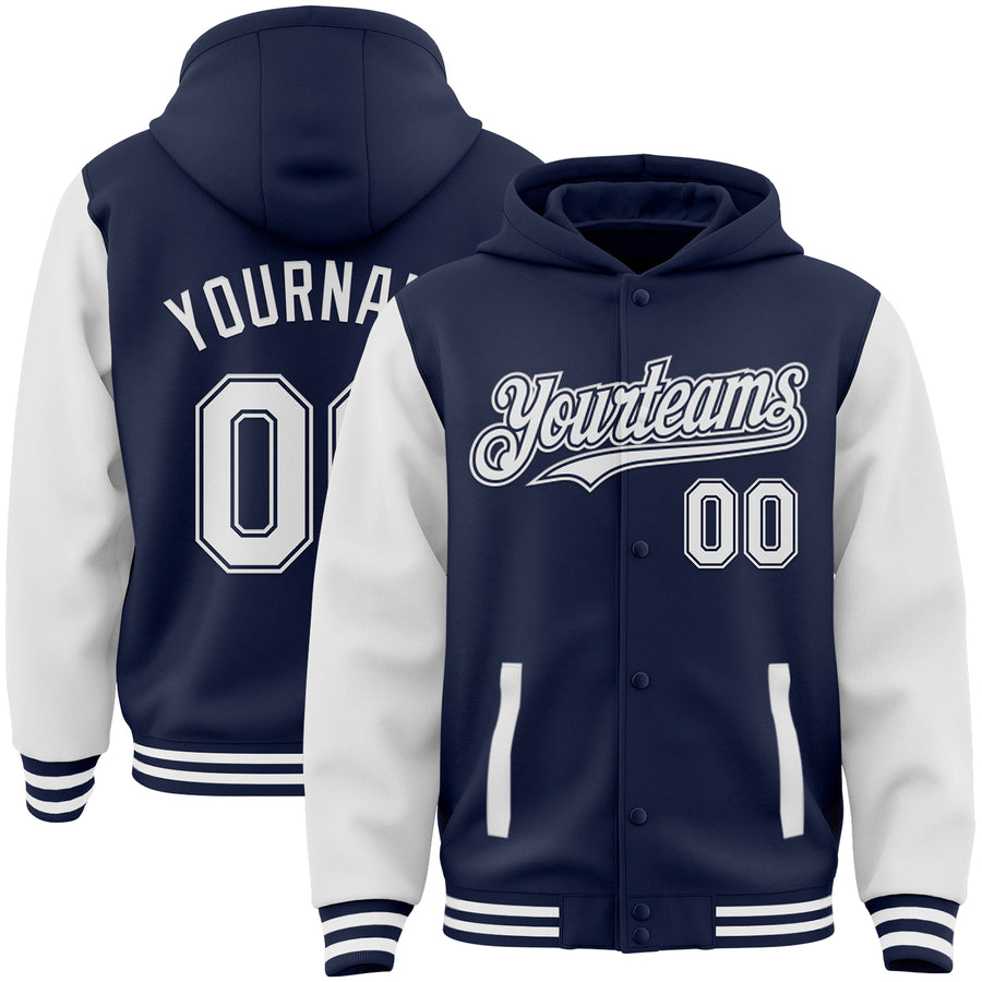 Custom Navy White Bomber Full-Snap Varsity Letterman Two Tone Hoodie Jacket