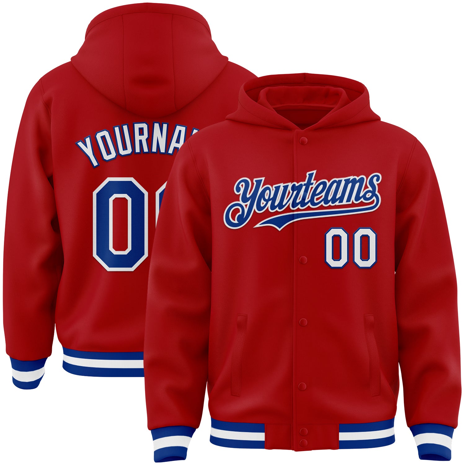 Custom Red Royal-White Bomber Full-Snap Varsity Letterman Hoodie Jacket
