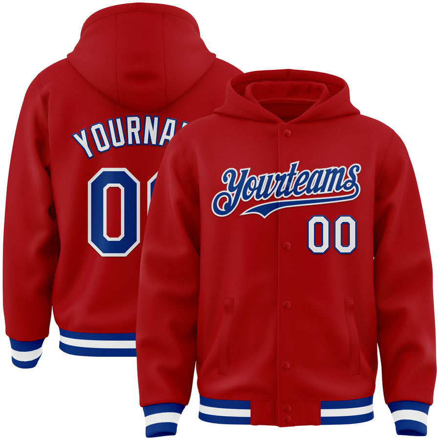 Custom Red Royal-White Bomber Full-Snap Varsity Letterman Hoodie Jacket