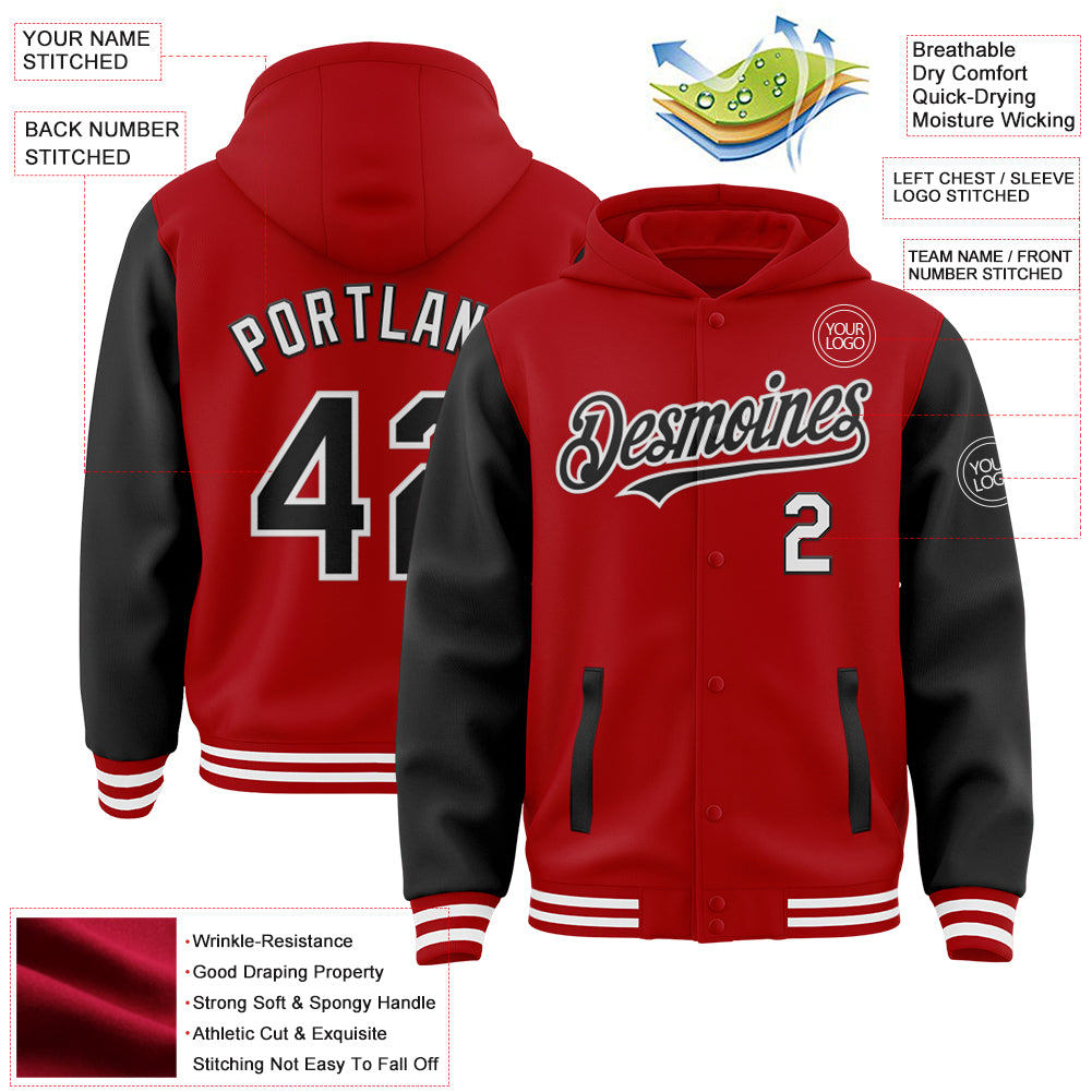 Custom Red Black-White Bomber Full-Snap Varsity Letterman Two Tone Hoodie Jacket