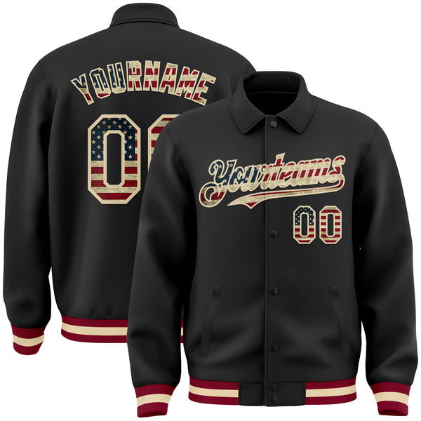 Custom Black Vintage USA Flag CreamMaroon Bomber FullSnap Varsity