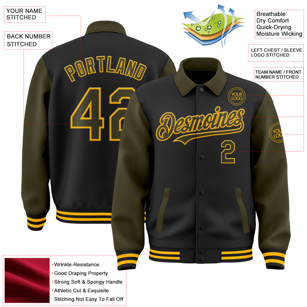 Custom Black Olive-Gold Bomber Full-Snap Varsity Letterman Two Tone Lapel Collar Byron Jacket