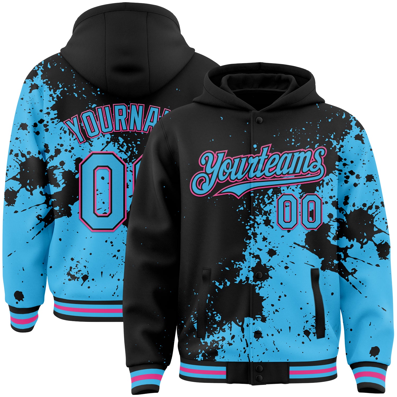 Custom Black Sky Blue-Pink Abstract Splash Grunge Art 3D Pattern Design Bomber Full-Snap Varsity Letterman Hoodie Jacket
