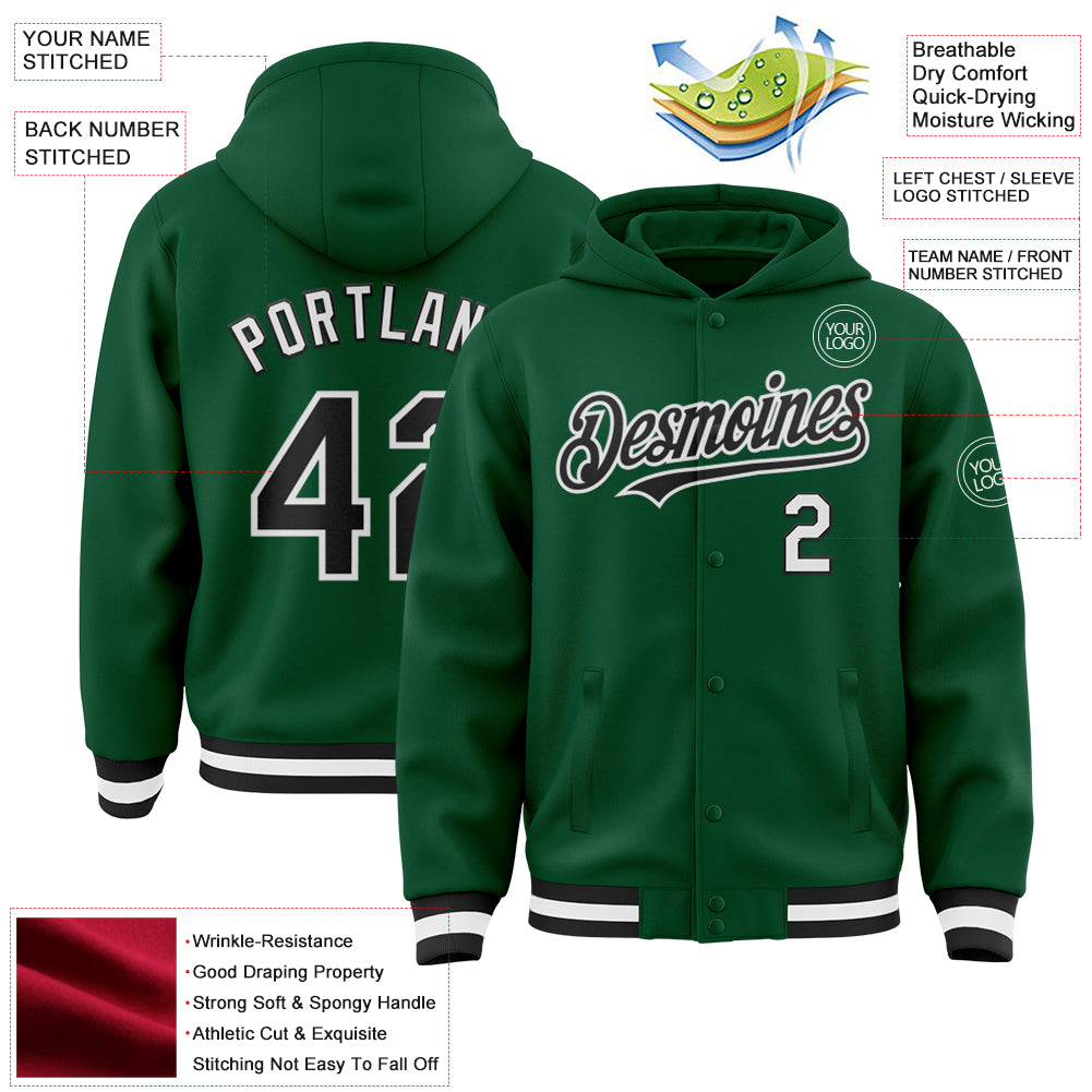 Custom Kelly Green Black-White Bomber Full-Snap Varsity Letterman Hoodie Jacket