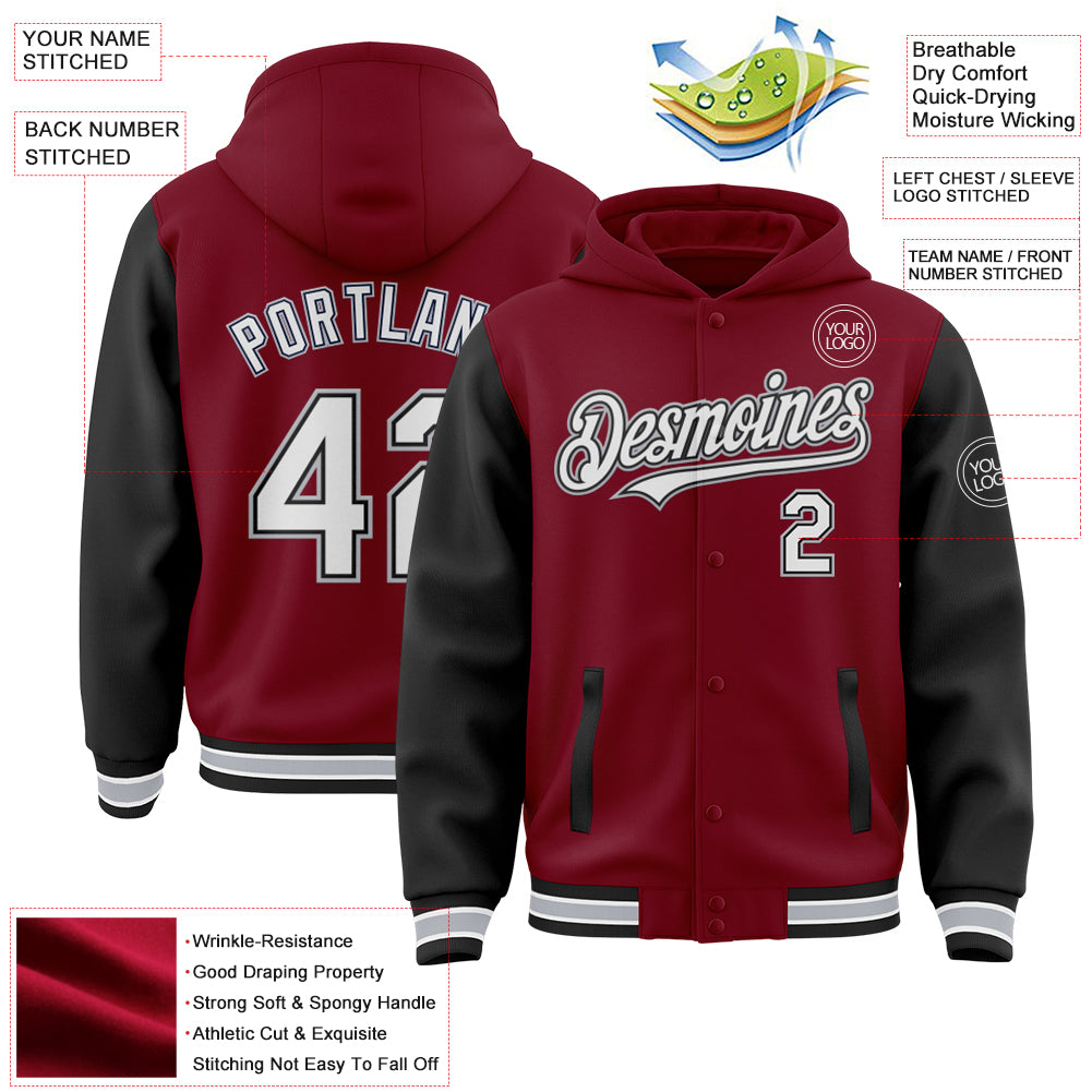 Custom Crimson Black-Gray Bomber Full-Snap Varsity Letterman Two Tone Hoodie Jacket