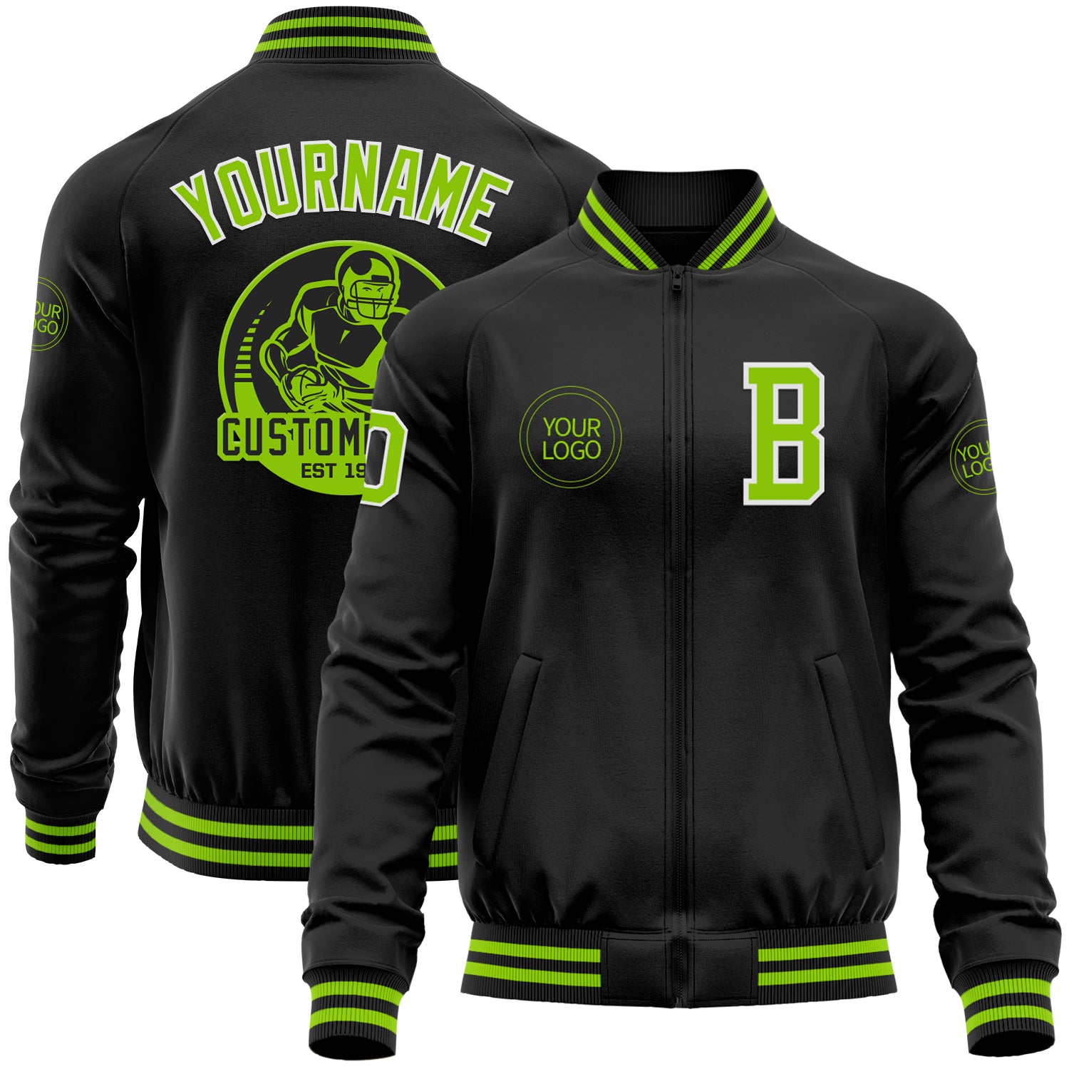 Custom Black Neon Green-White Bomber Varsity Letterman Zipper Jacket