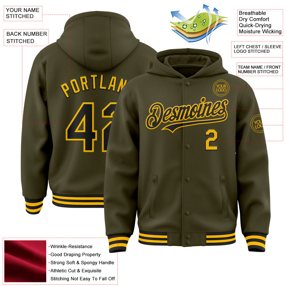 Custom Olive Black-Gold Bomber Full-Snap Varsity Letterman Salute To Service Hoodie Jacket