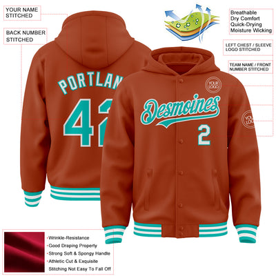 Custom Texas Orange Aqua-White Bomber Full-Snap Varsity Letterman Hoodie Jacket