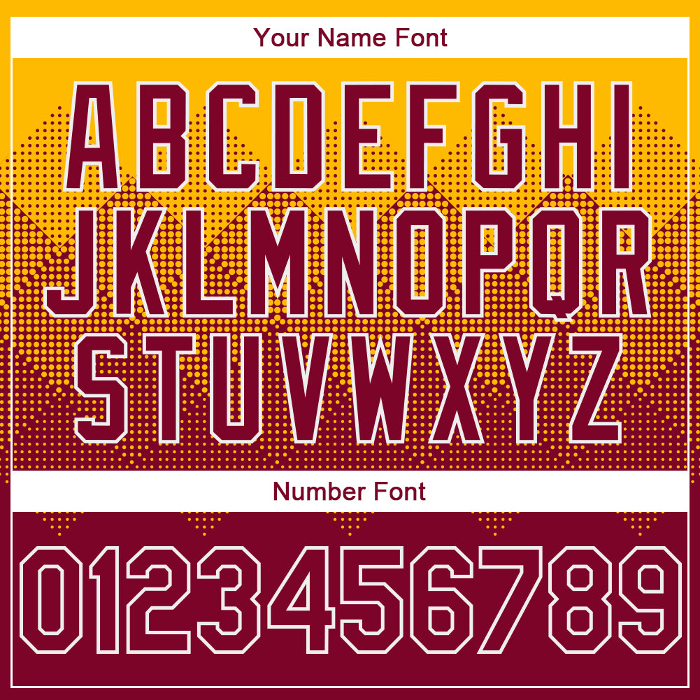 Custom Gold Maroon-White Gradient Square Shape 3D Pattern Design Bomber Full-Snap Varsity Letterman Hoodie Jacket