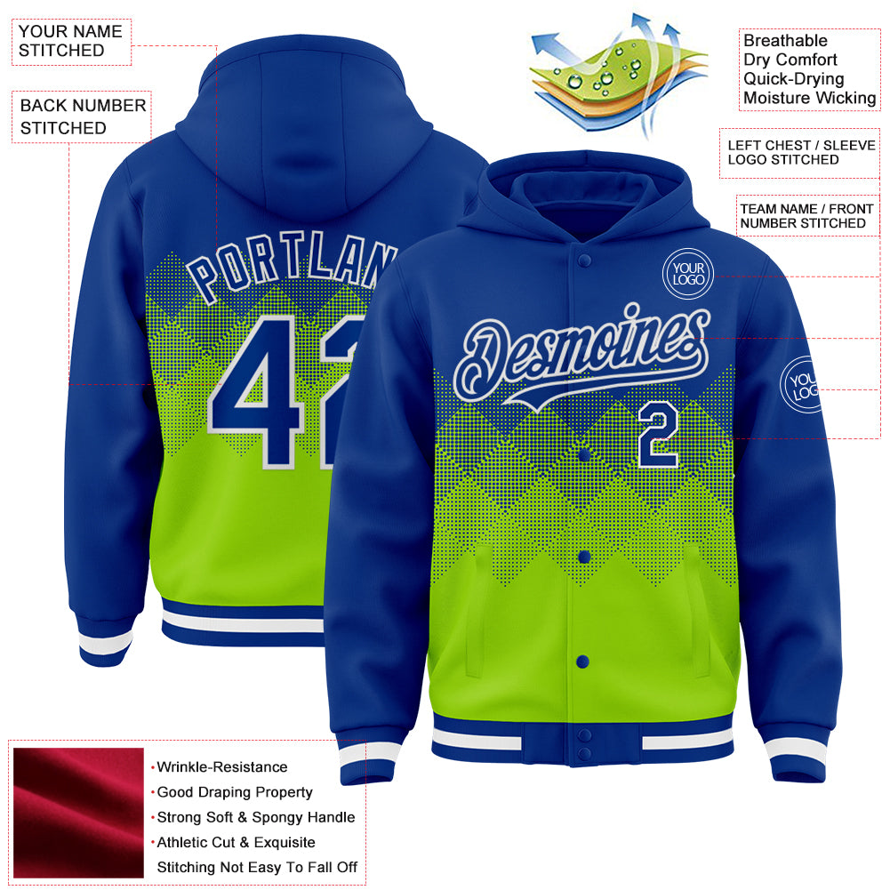 Custom Royal Neon Green-White Gradient Square Shape 3D Pattern Design Bomber Full-Snap Varsity Letterman Hoodie Jacket