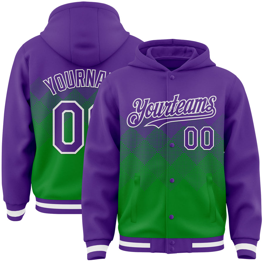 Custom Purple Grass Green-White Gradient Square Shape 3D Pattern Design Bomber Full-Snap Varsity Letterman Hoodie Jacket