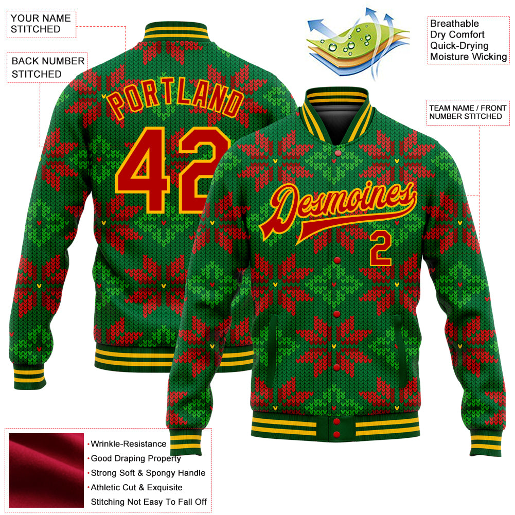 Custom Green Red-Gold Christmas 3D Bomber Full-Snap Varsity Letterman Jacket