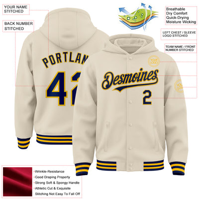 Custom Cream Navy-Gold Bomber Full-Snap Varsity Letterman Hoodie Jacket