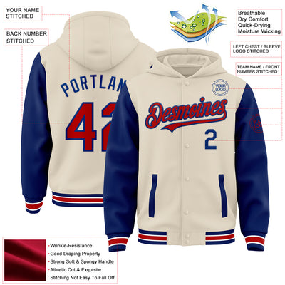 Custom Cream Red Royal-White Bomber Full-Snap Varsity Letterman Two Tone Hoodie Jacket