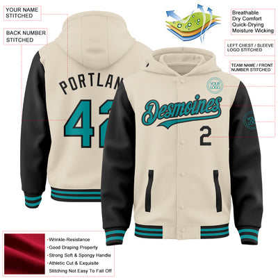 Custom Cream Teal-Black Bomber Full-Snap Varsity Letterman Two Tone Hoodie Jacket