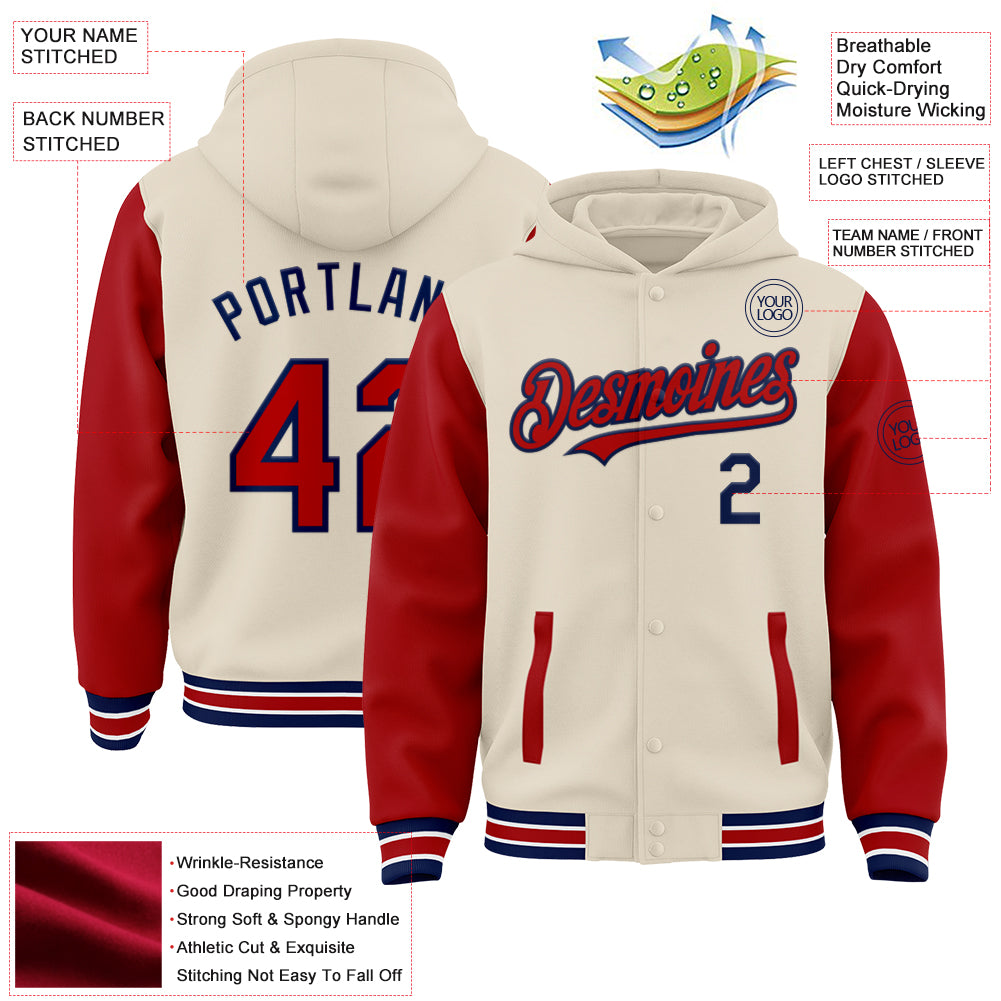 Custom Cream Red Navy-White Bomber Full-Snap Varsity Letterman Two Tone Hoodie Jacket