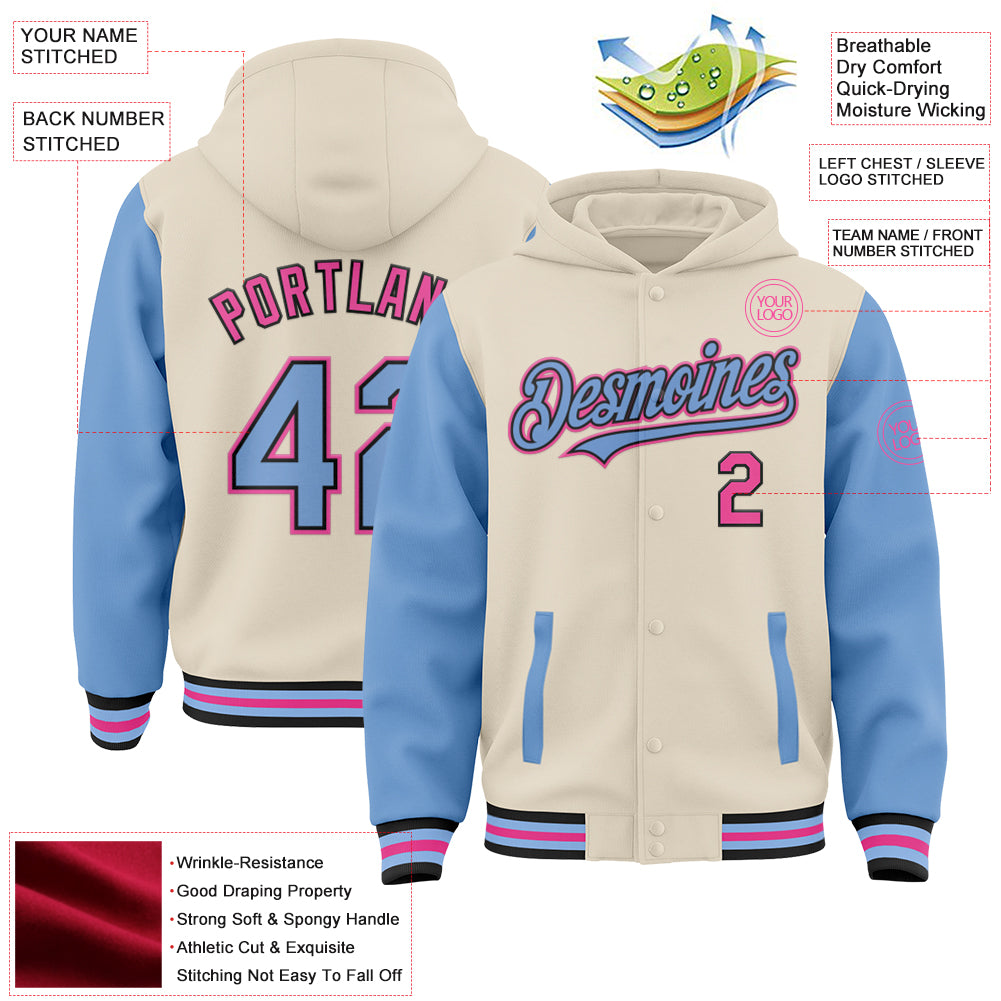 Custom Cream Light Blue Black-Pink Bomber Full-Snap Varsity Letterman Two Tone Hoodie Jacket