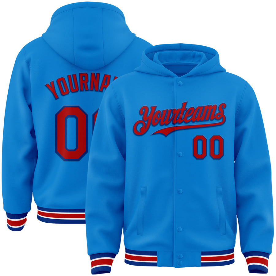Custom Powder Blue Red-Royal Bomber Full-Snap Varsity Letterman Hoodie Jacket