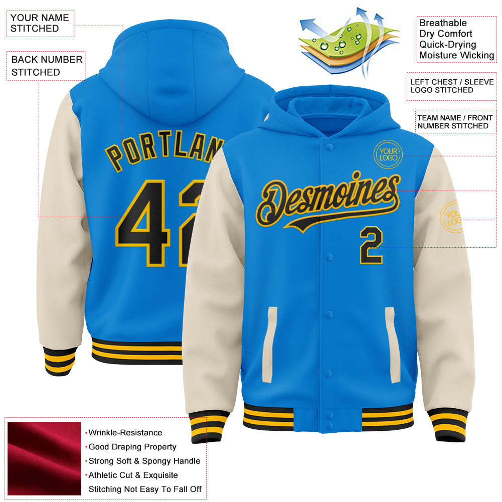Custom Powder Blue Black Cream-Gold Bomber Full-Snap Varsity Letterman Two Tone Hoodie Jacket