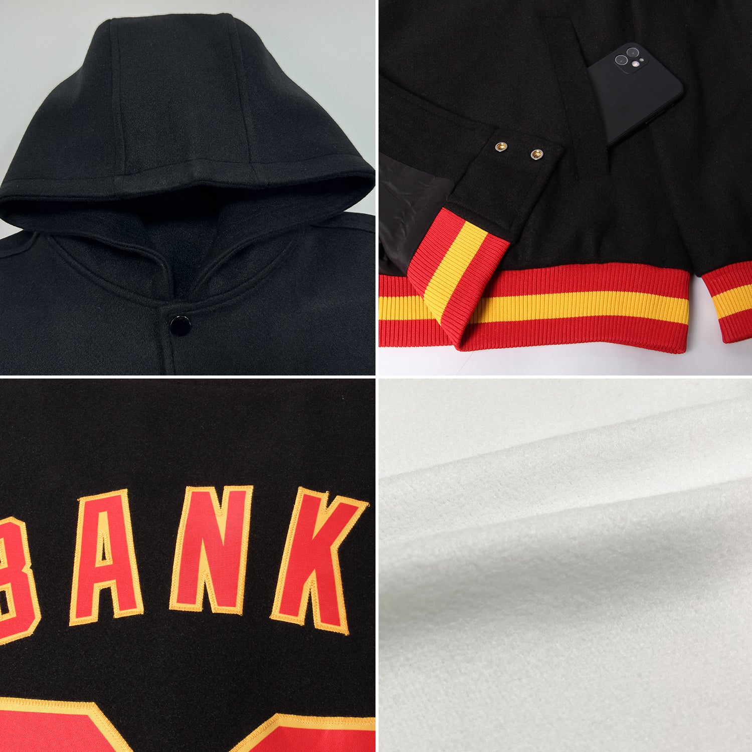 Custom White Navy-Gold Bomber Full-Snap Varsity Letterman Hoodie Jacket