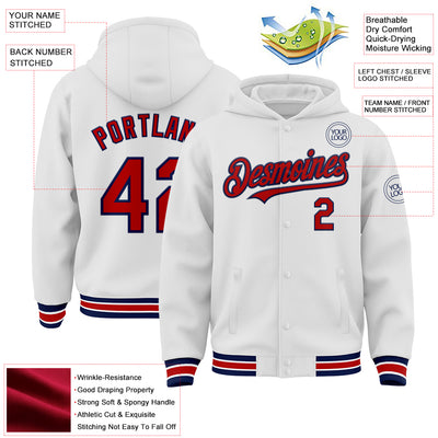 Custom White Red-Navy Bomber Full-Snap Varsity Letterman Hoodie Jacket