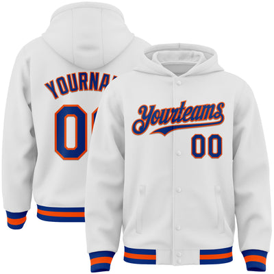 Custom White Royal-Orange Bomber Full-Snap Varsity Letterman Hoodie Jacket