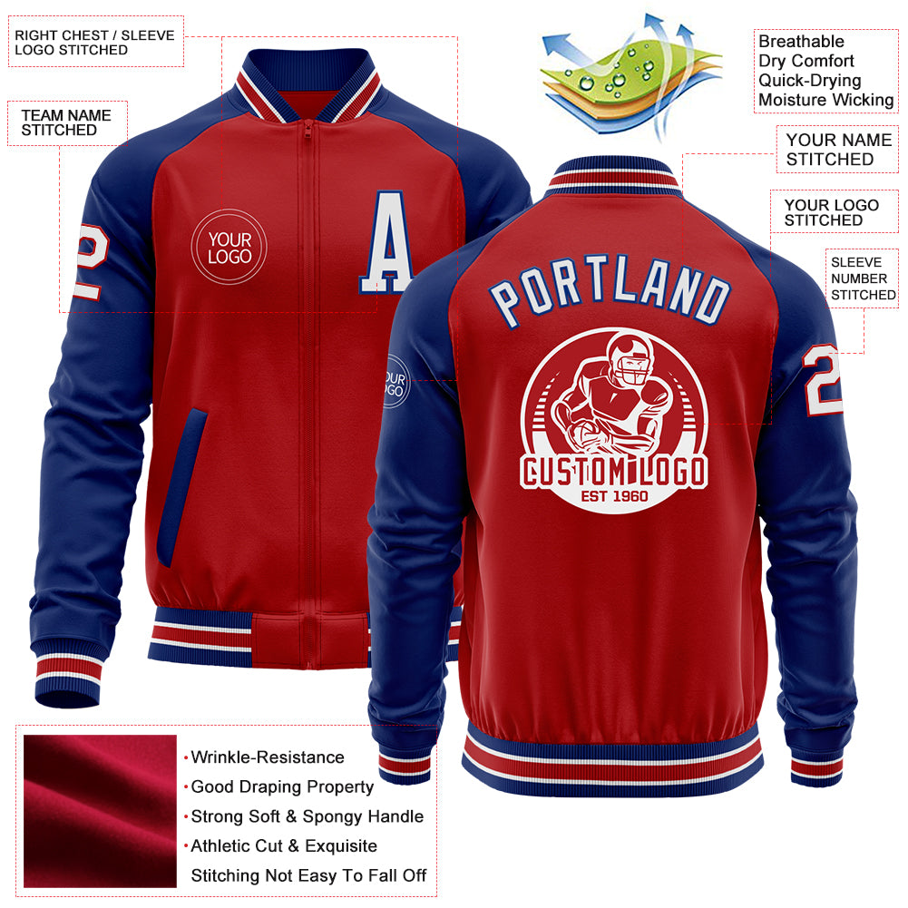 Custom Red White-Royal Bomber Varsity Letterman Two Tone Zipper Jacket