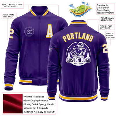Custom Purple White-Gold Bomber Varsity Letterman Zipper Jacket