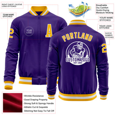 Custom Purple Gold-White Bomber Varsity Letterman Zipper Jacket