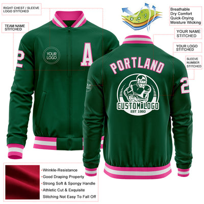 Custom Kelly Green White-Pink Bomber Varsity Letterman Zipper Jacket