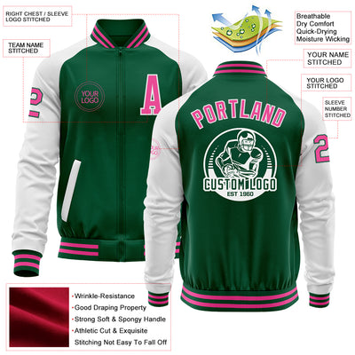 Custom Kelly Green Pink-White Bomber Varsity Letterman Two Tone Zipper Jacket