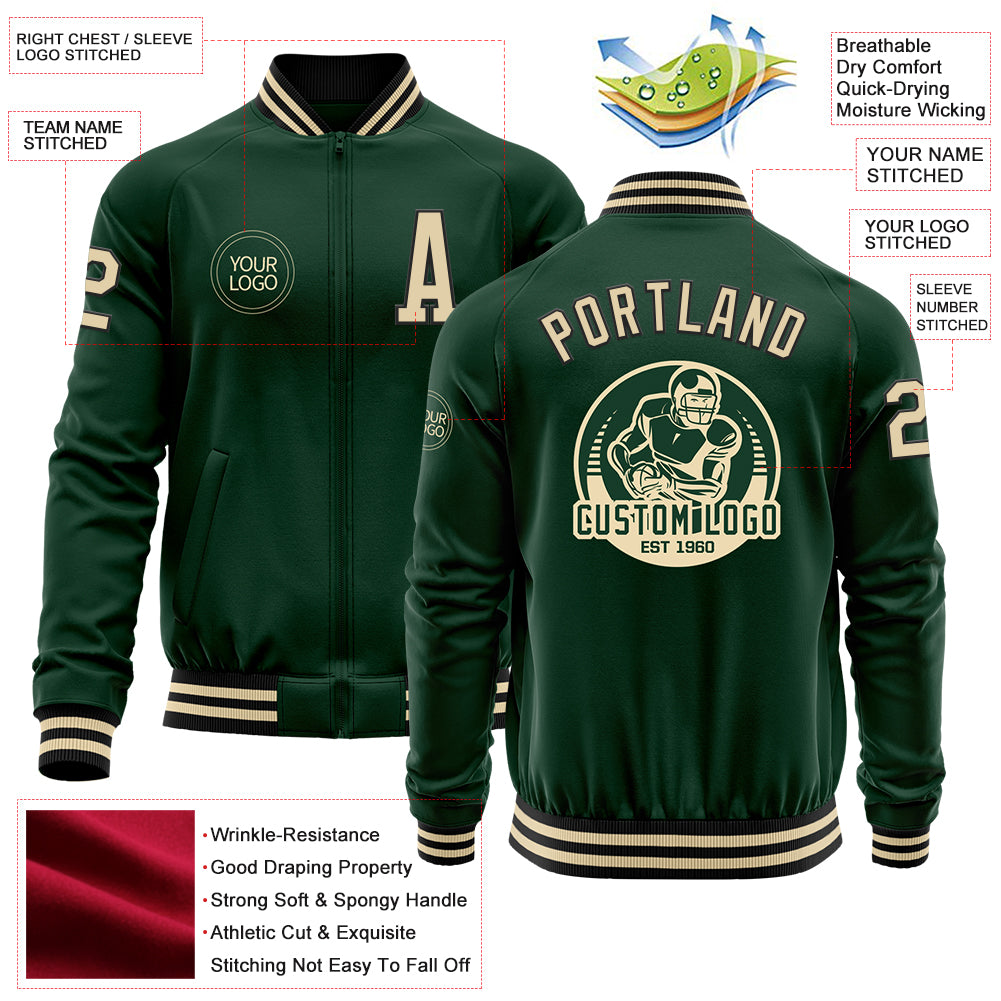 Custom Green Cream-Black Bomber Varsity Letterman Zipper Jacket