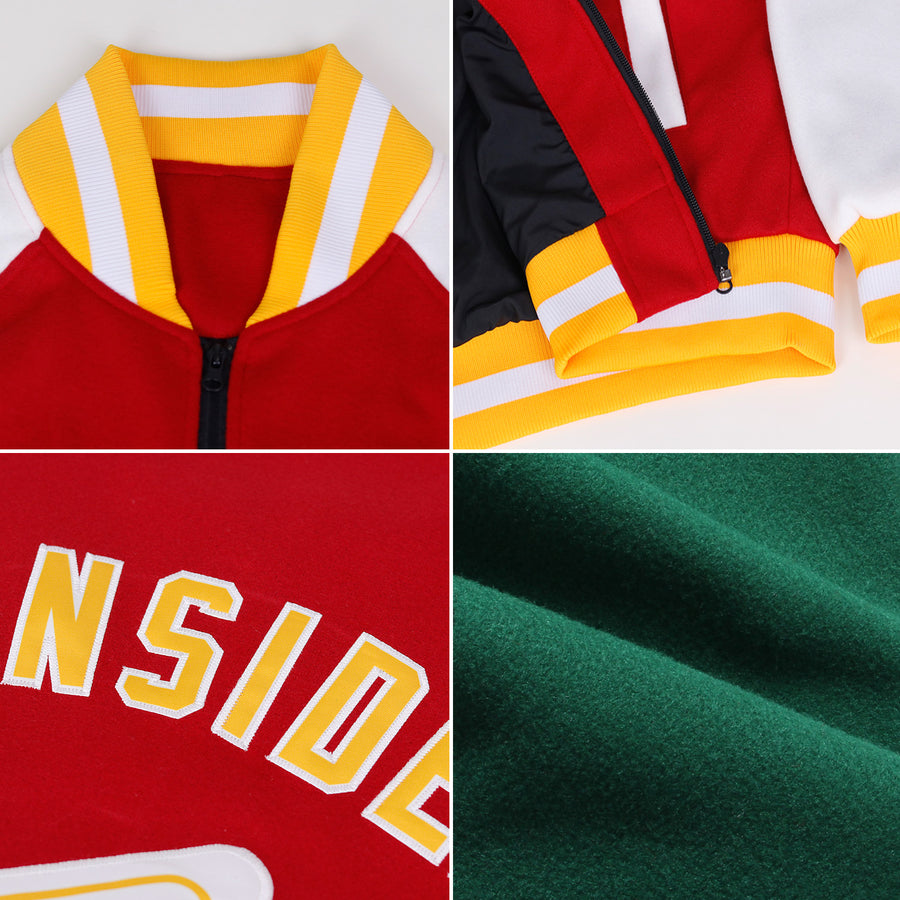 Custom Green White-Gold Bomber Varsity Letterman Two Tone Zipper Jacket