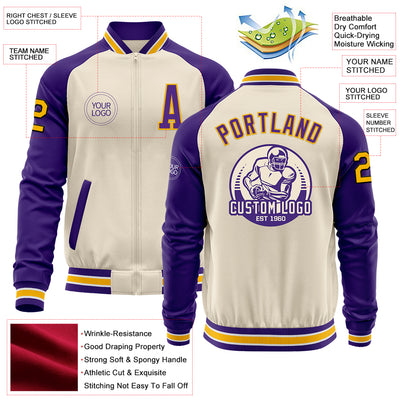Custom Cream Gold Black Purple-White Bomber Varsity Letterman Two Tone Zipper Jacket