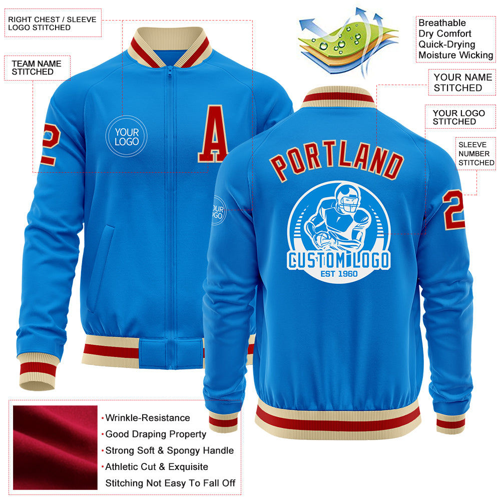 Custom Powder Blue Red-Cream Bomber Varsity Letterman Zipper Jacket