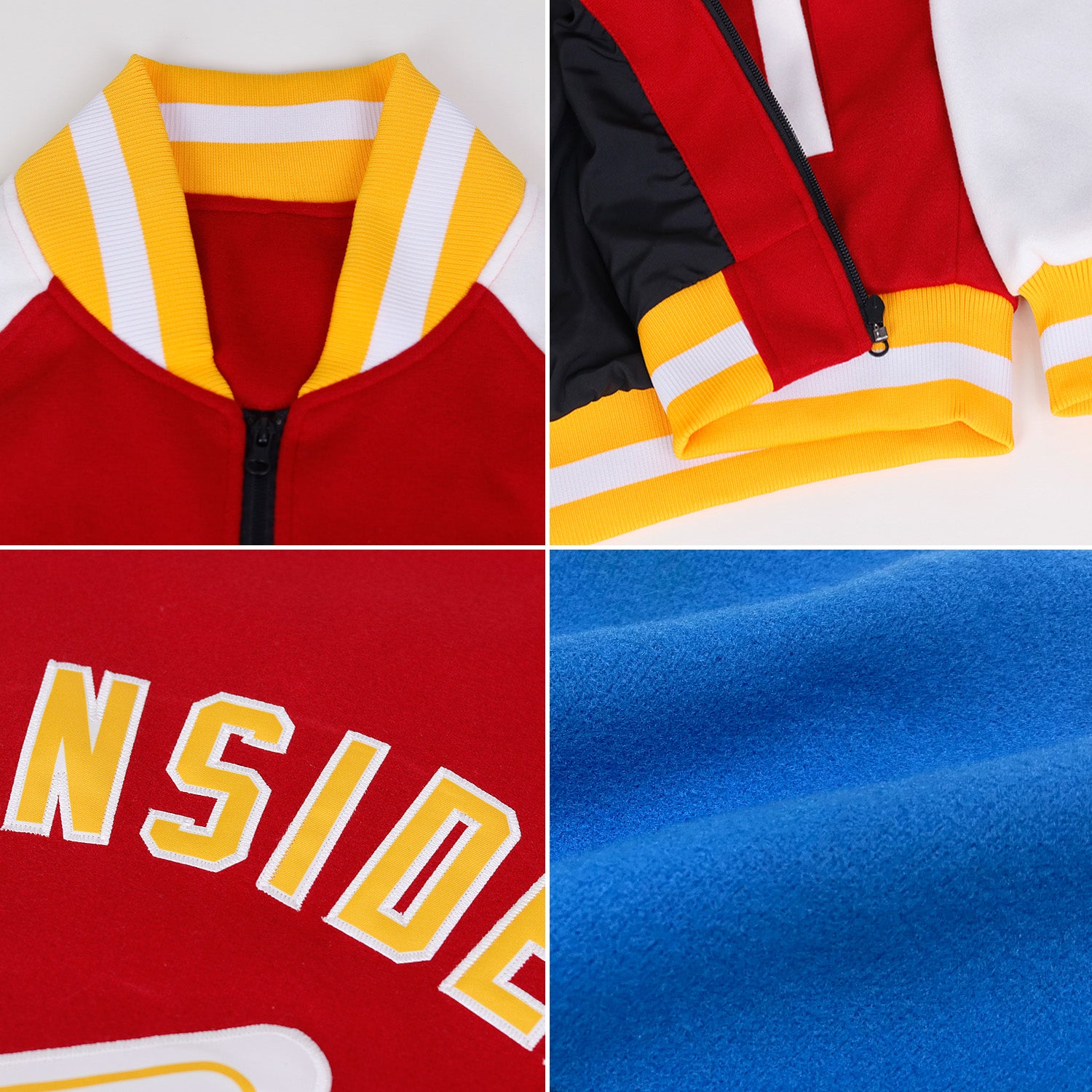 Custom Powder Blue Royal-Red Bomber Varsity Letterman Zipper Jacket