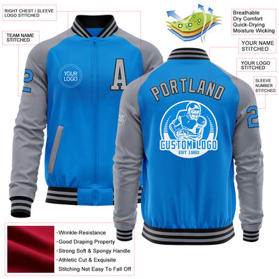 Custom Powder Blue Black-Gray Bomber Varsity Letterman Two Tone Zipper Jacket