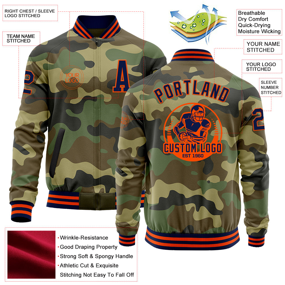 Custom Camo Navy-Orange Bomber Varsity Letterman Salute To Service Zipper Jacket