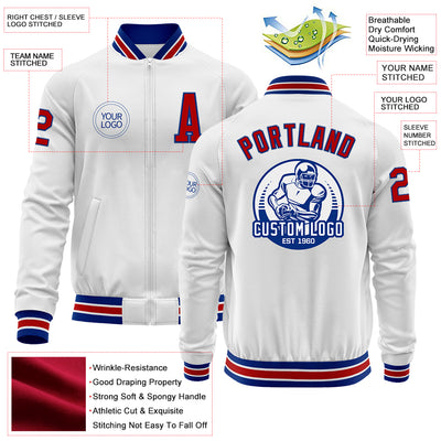 Custom White Red-Royal Bomber Varsity Letterman Zipper Jacket